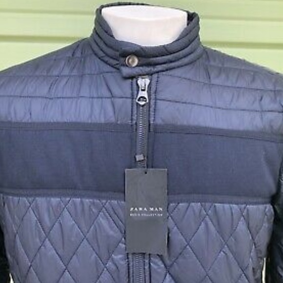 NEW ZARA Navy Blue quilted lightweight jacket contrast zip up large - Picture 2 of 9
